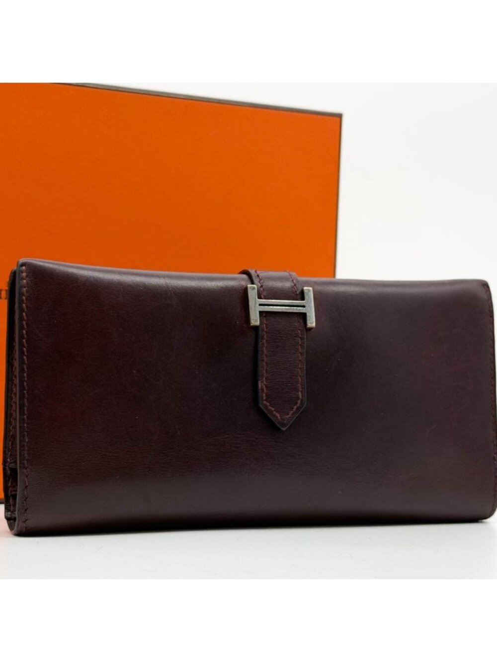 Hermes Bearn Classic Box Calf Purple Bifold Wallet Leather
